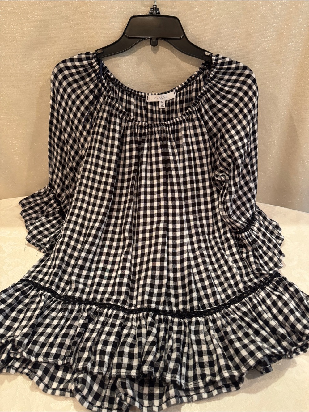 Fever Black & White Gingham Peasant Blouse